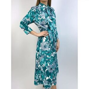 Blair Womens Vintage Dress Size 12 Teal Floral High Neck Tie Midi Maxi